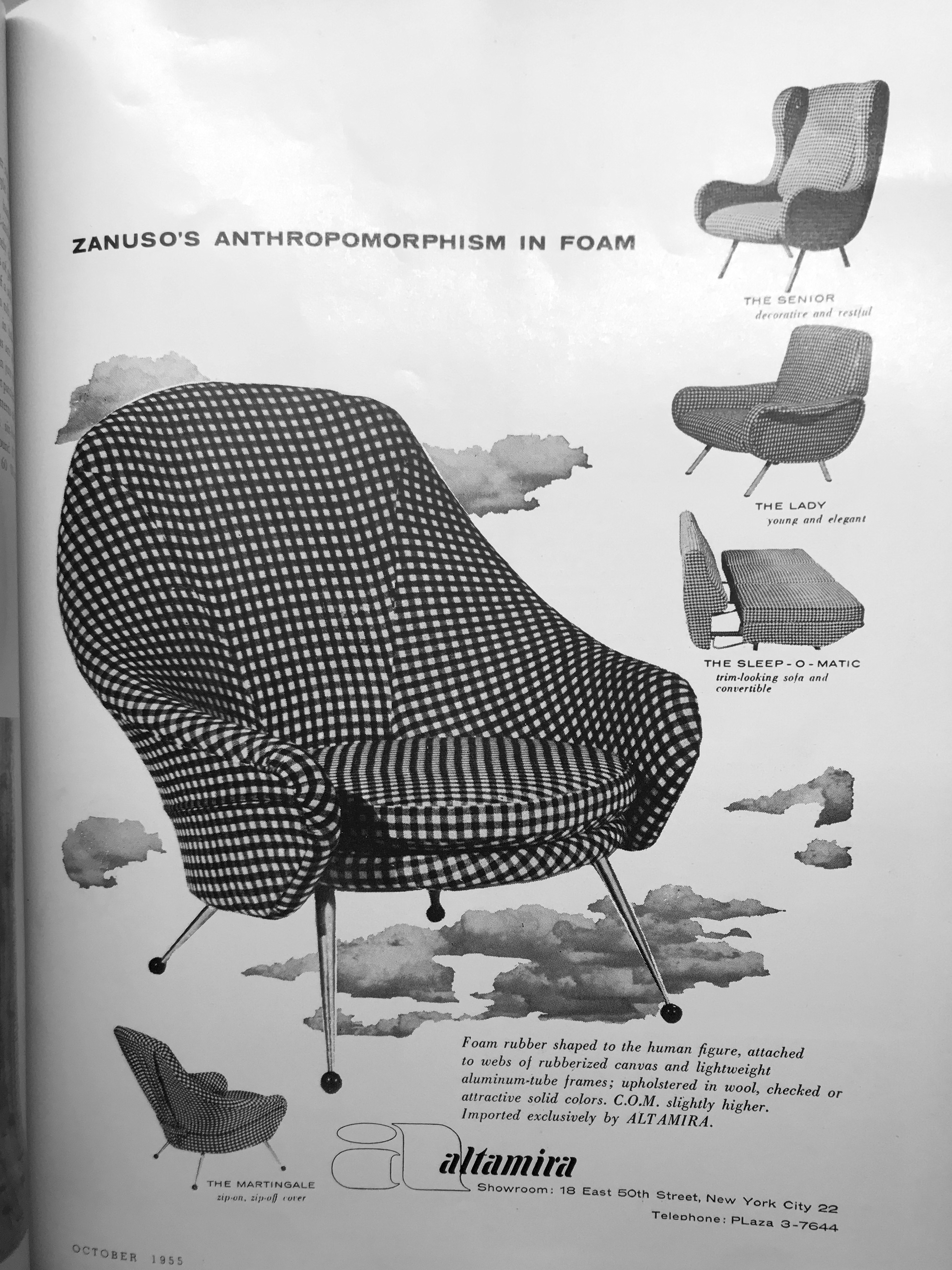 Zanuso's anthropomorphism in foam, October 1955