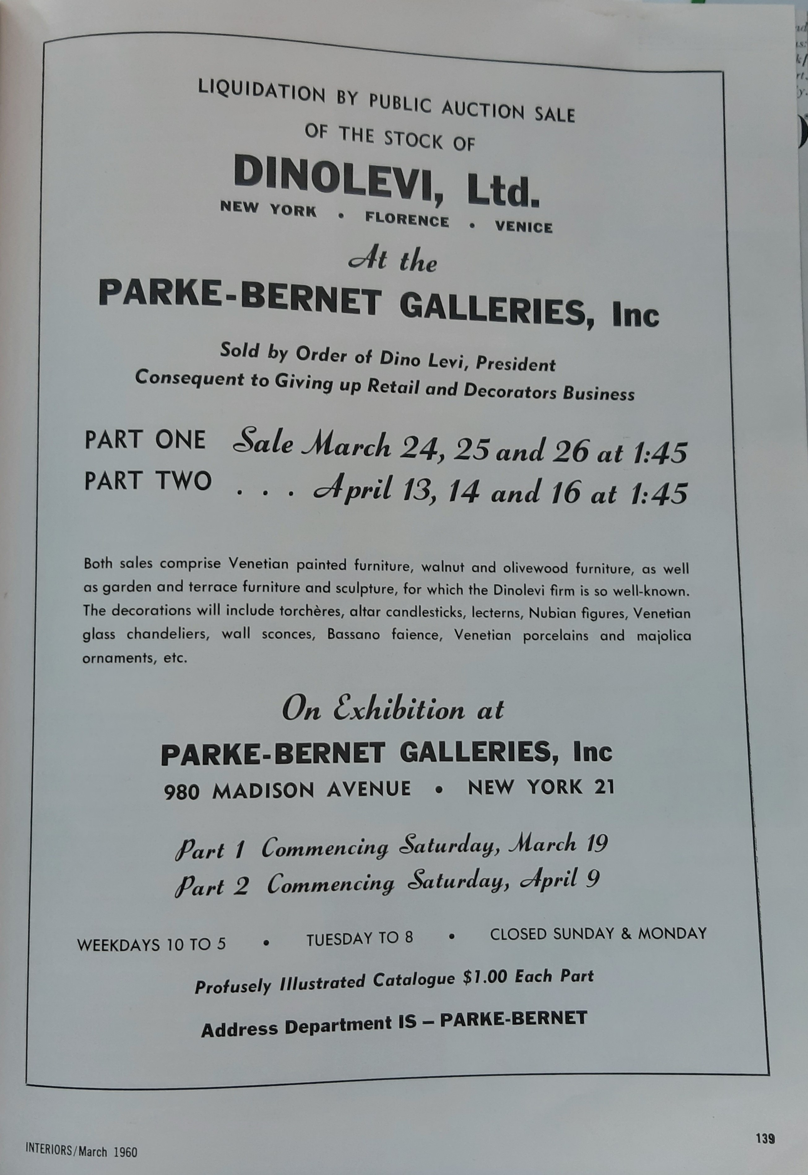 Dinolevi's liquidation by public auction sale,  March 1960