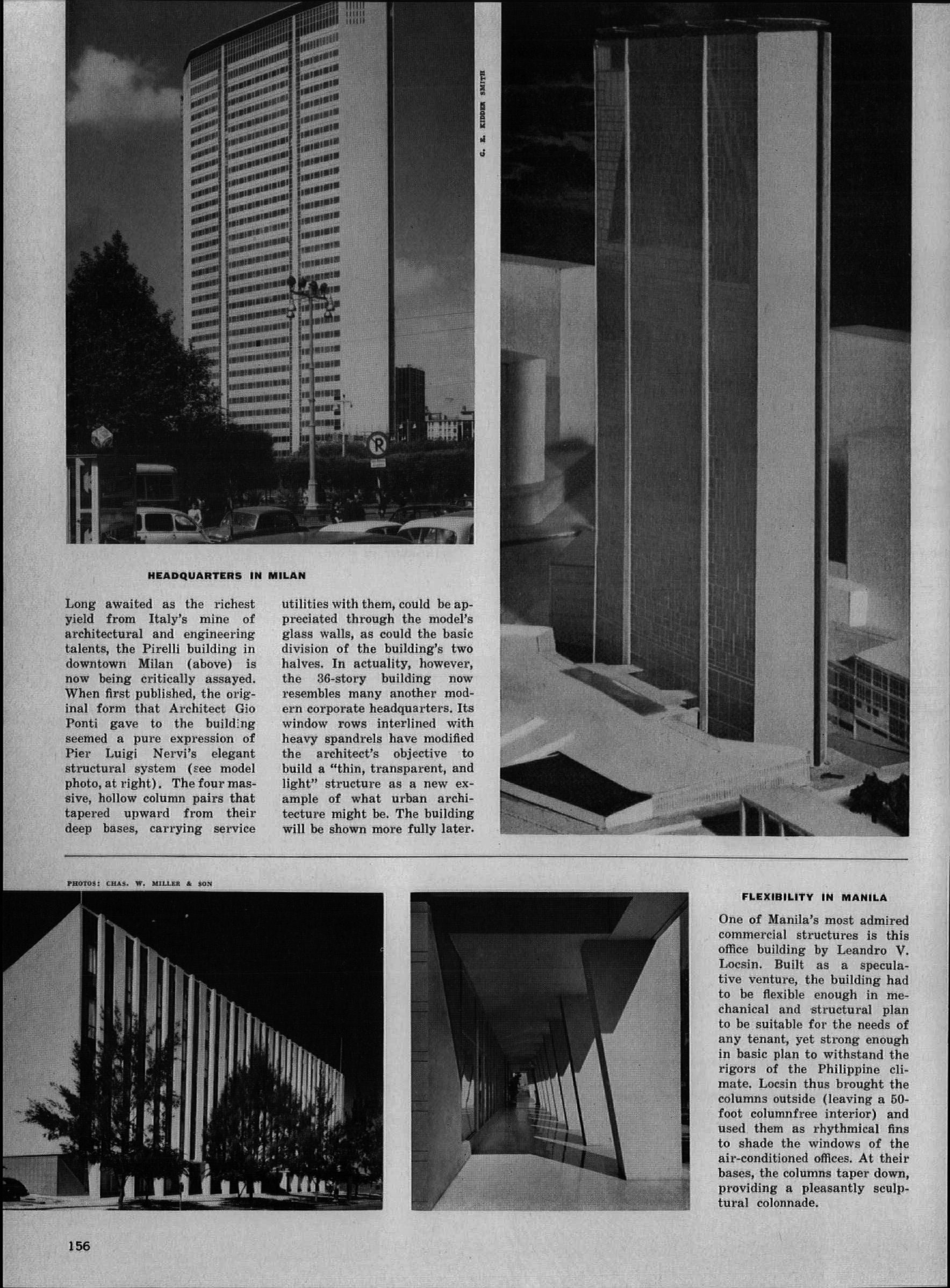 1960. “Headquarters in Milan (Pirelli building, Gio Ponti and Pier Luigi Nervi)”, Architectural Forum, 112, no. 4 (April): 156.