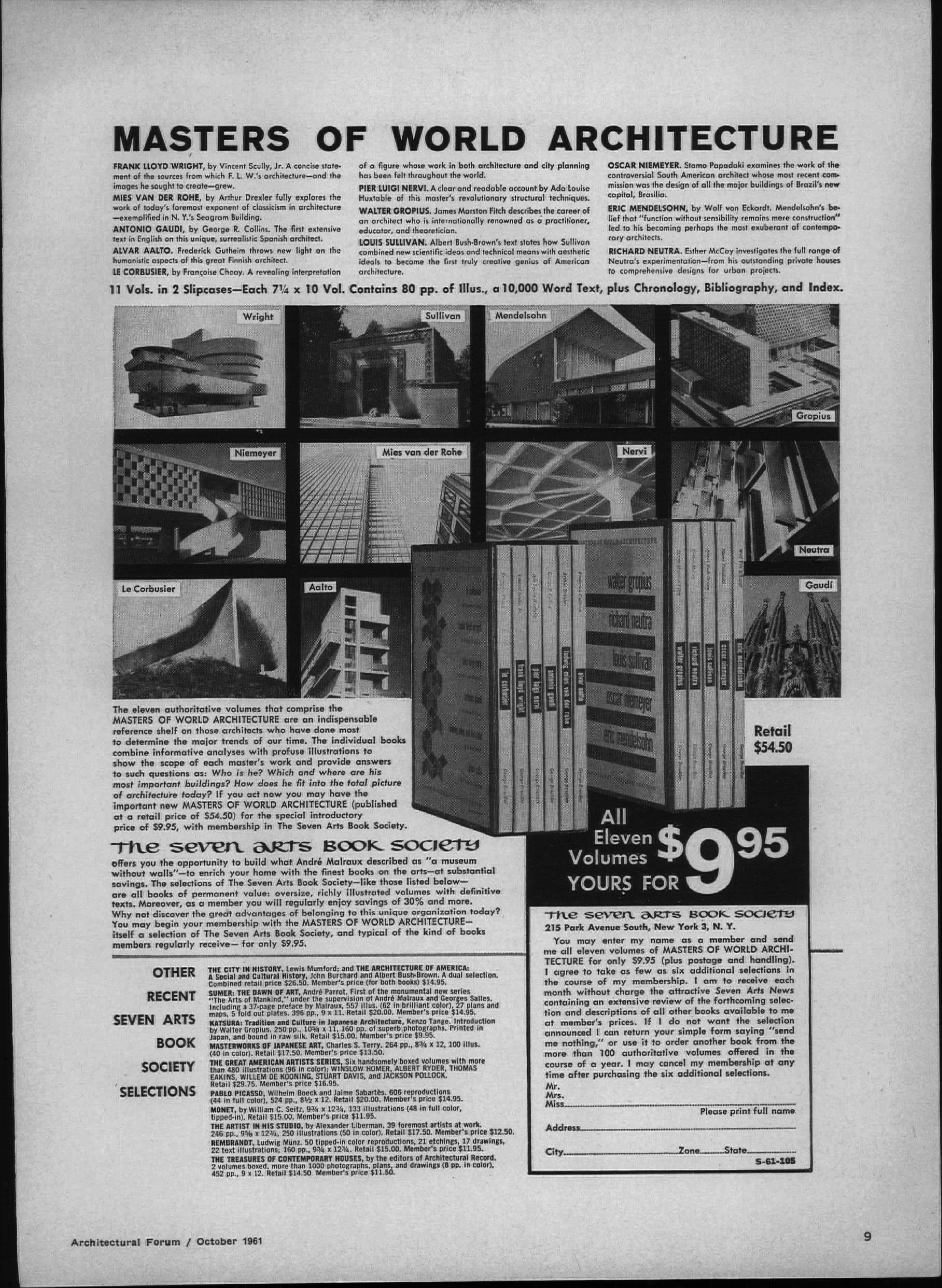 1961. “Masters of the World Architecture”, Architectural Forum, 115, no. 4 (October): 104-115.
