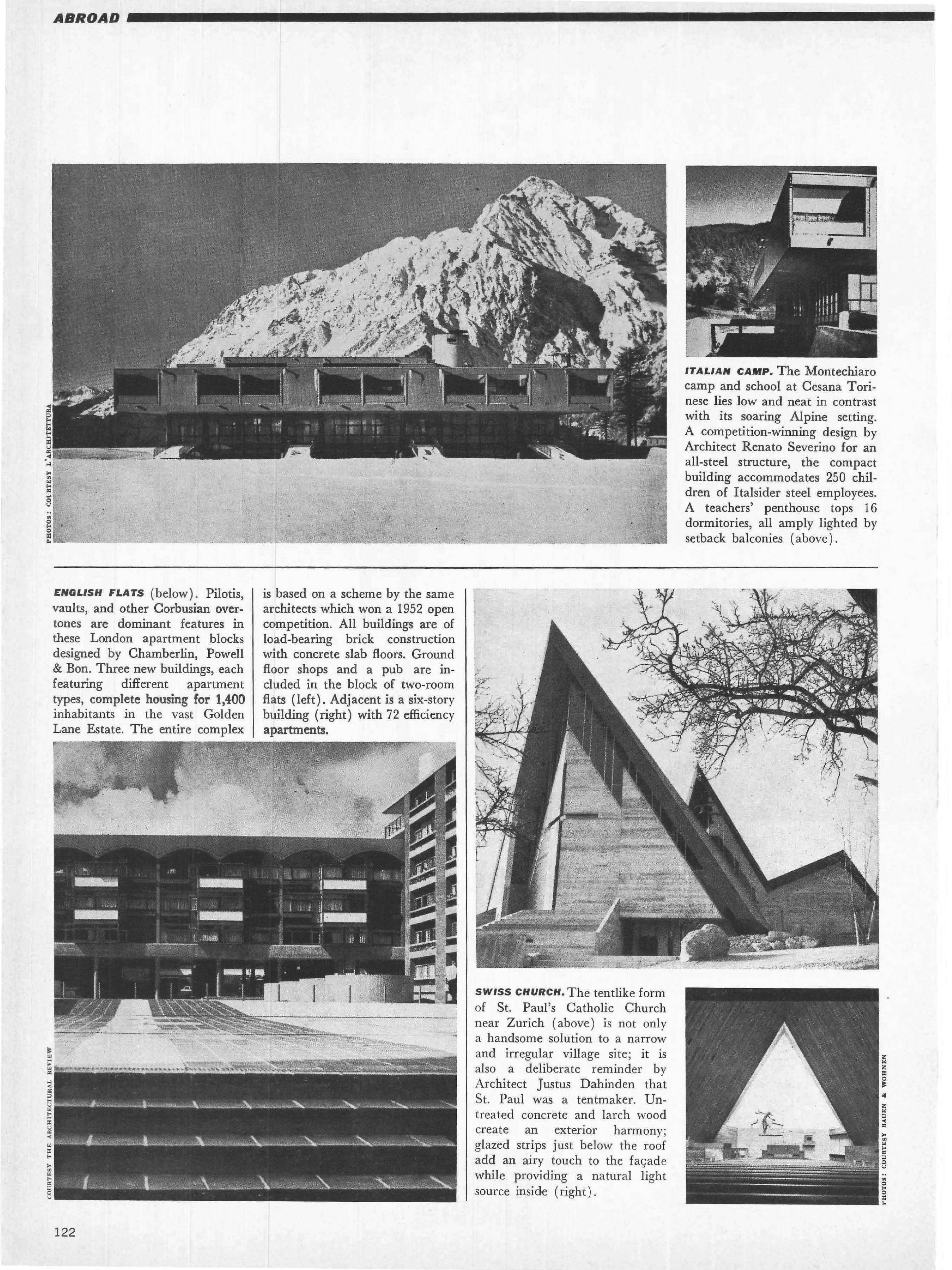 1963. “Italian camp (Montechiaro camp and school, Architect Renato Severino, Cesana Torinese)”, Architectural Forum, 120, no. 10 (October): 122.