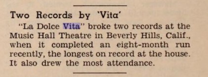 A boxoffice record for La Dolce Vita in Berverly Hills