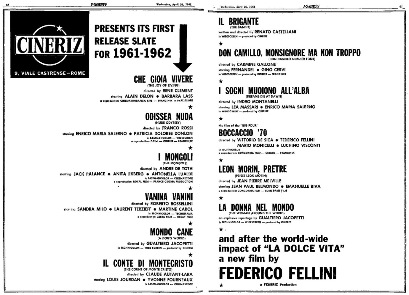 Cineritz film promotion on Variety (26 April 1961)